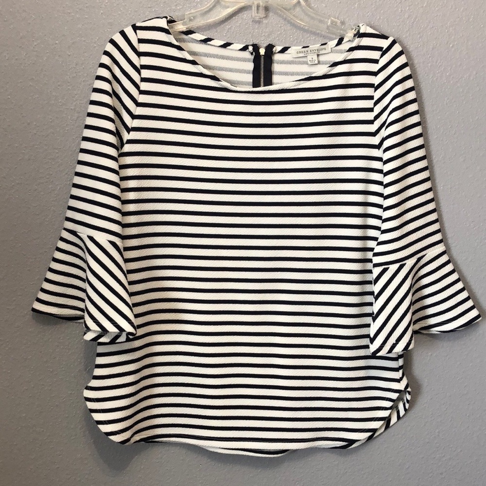 Anthro Green Envelope striped bell sleeve top Women's L zip back shirt blouse - Picture 9 of 9